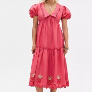 NWOT Cotton Floral Embroidered S Midi Dress A-Line Empire Waist Peasant Prairie